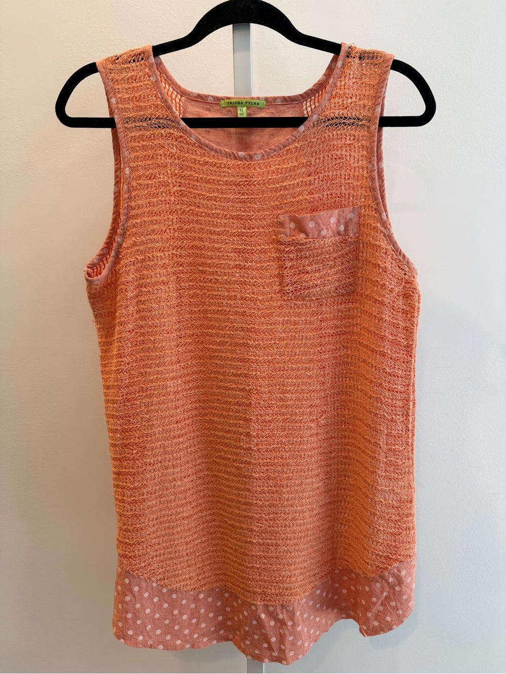 Trisha Tyler Coral Peach Crochet Mesh Sleeveless Peach Knit Tank Polka-Dot Hem